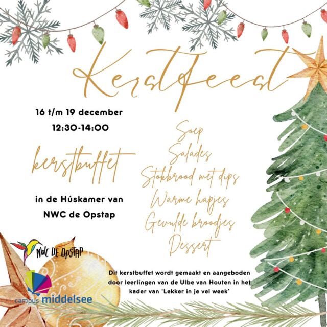 🎄✨ Vier Kerst samen met ons! ✨🎄
In samenwerking met NWC de Opstap organiseren de leerlingen van @campusmiddelsee Ulbe van Houten een heerlijke (gratis) kerstlunch in het kader van ‘lekker in je vel week’. 🥗🍲 
Zou jij, en/of ken jij iemand die het fijn zou vinden om in deze tijd van het jaar gezellig samen te komen en te genieten van een warme maaltijd?
Van 16 t/m 19 december, tussen 13:00 en 15:30, ben je van harte welkom in de Húskamer van de Opstap. De lunch wordt liefdevol bereid door de leerlingen, die met veel enthousiasme zorgen voor een feestelijke kerstervaring.
Juist in deze donkere dagen is het een mooi moment om samen te zijn en even stil te staan bij verbinding en welzijn. 💛
📍 Locatie: Húskamer van de Opstap
🕐 Tijd: 12:30 - 14:00
📅 Wanneer: 16 t/m 19 december
Geef even door op welke dag je erbij wilt zijn via 📞06 83390411 en schuif gezellig aan. Laten we samen deze kerst onvergetelijk maken! 🎅✨
#KerstvierjeSamen #LekkerInJeVel #gezondeschoollunch